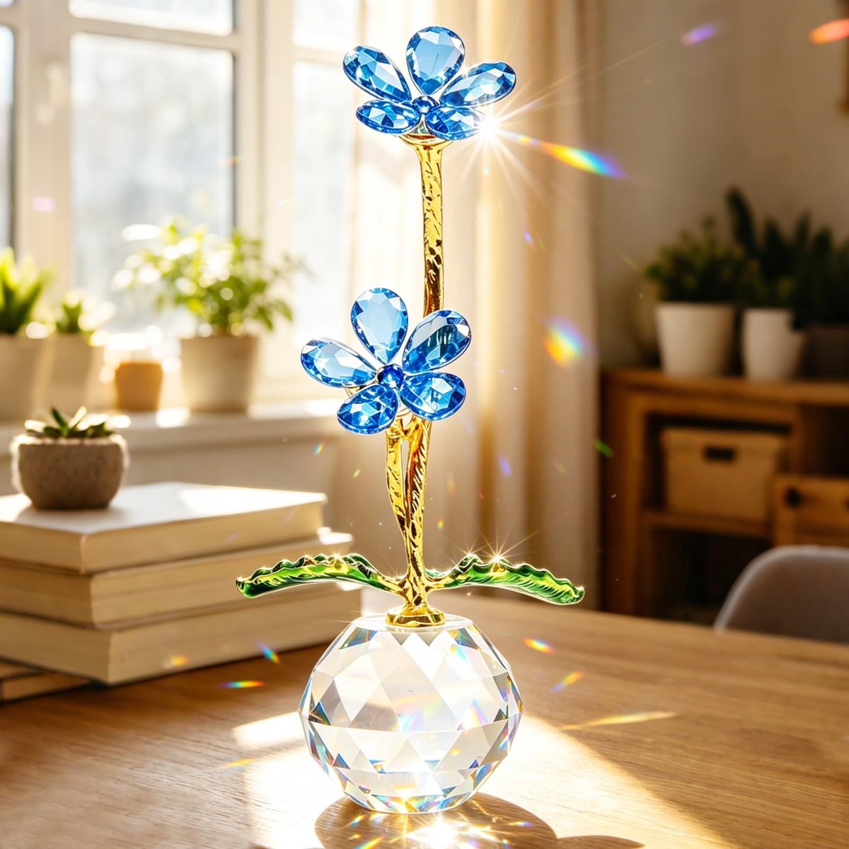 Omgoods - Kristallen Blauwe Margrietfiguur met Stengel in Elegante Vaas