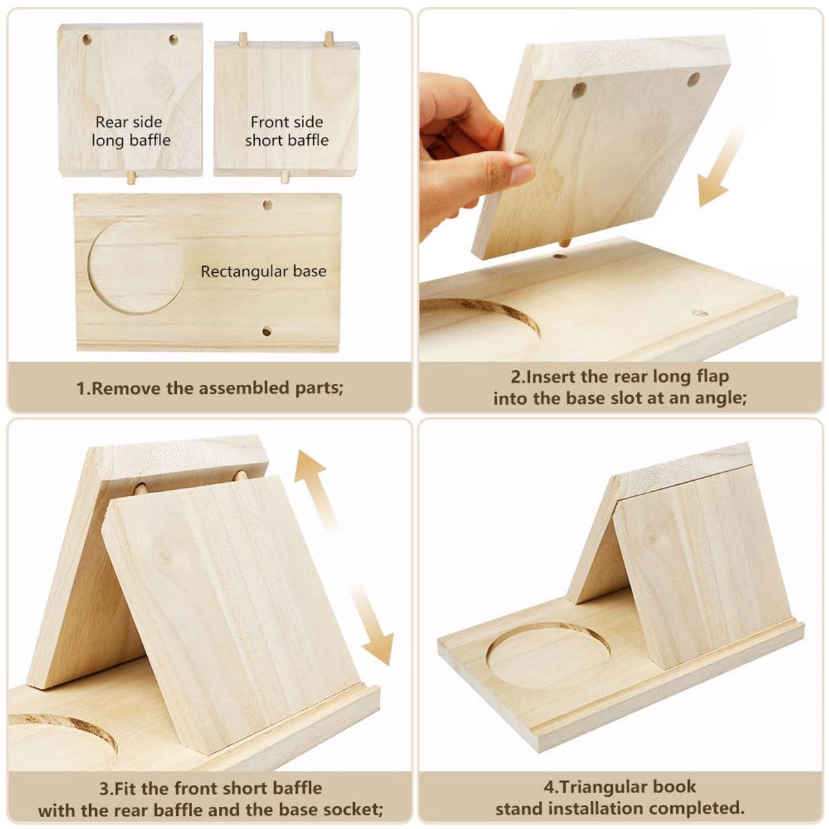 Omgoods - Set van 2 Driehoekige Boekensteunen van Hout voor Bureau en Bibliotheek, Natuurlijke Look