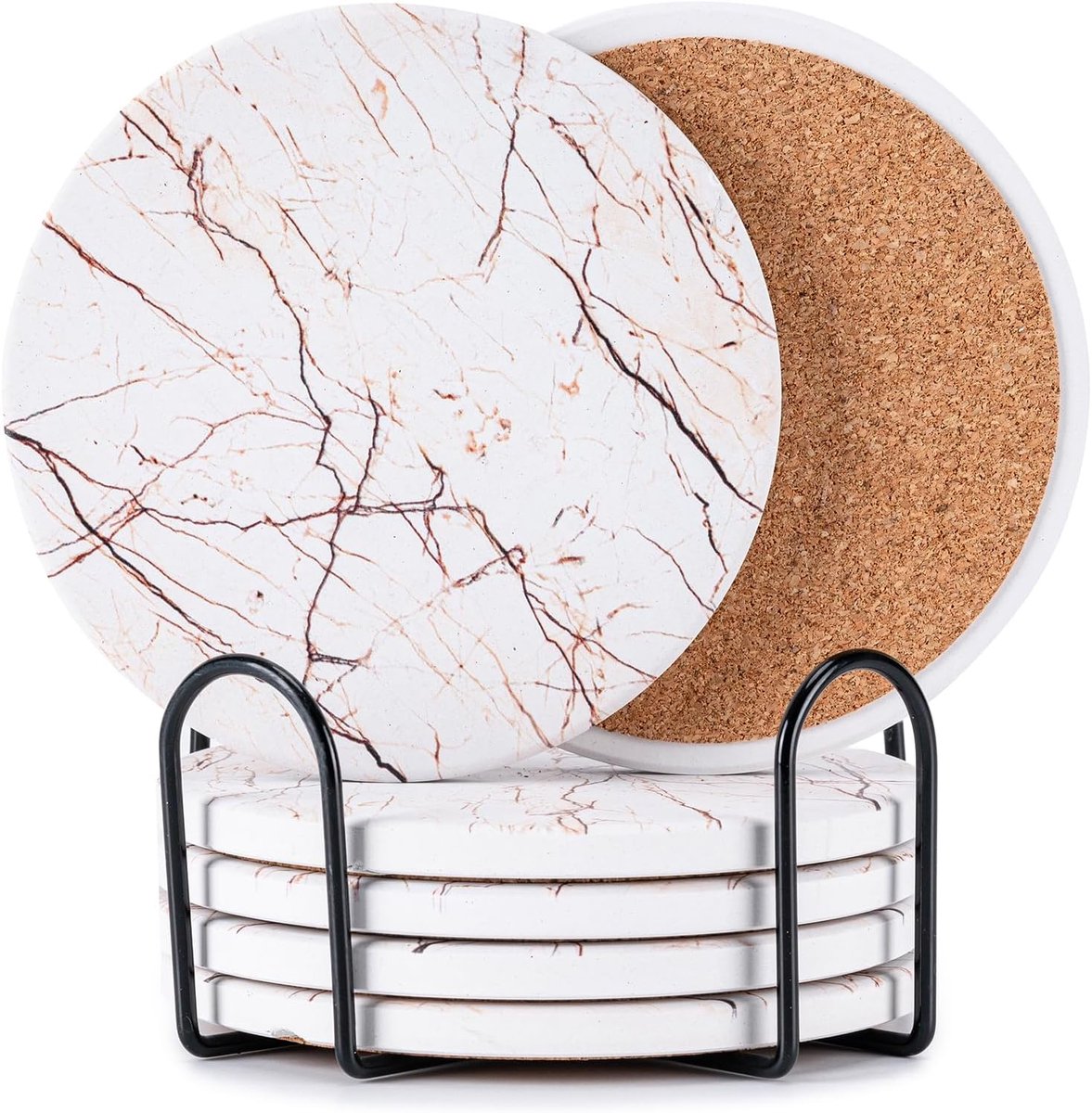 Onderzetters -onderzetters met houder -onderzetters kurk- Thermische isolatie - 6 Stuks Keramische Onderzetters met Houder – Absorberende Onderzetters met Kurken Onderkant - Marmerlook - Antislip en Hittebestendig