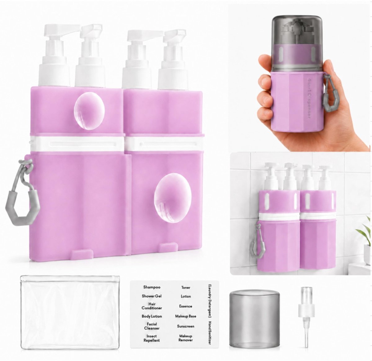 Omgoods - 4-in-1 Navulbare Reisflessen met Zuignap en Pomp