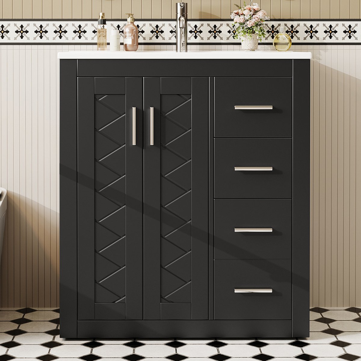 COVREO Badkamermeubel 76x46,5x85,5 cm zwart, MDF met keramische wastafel