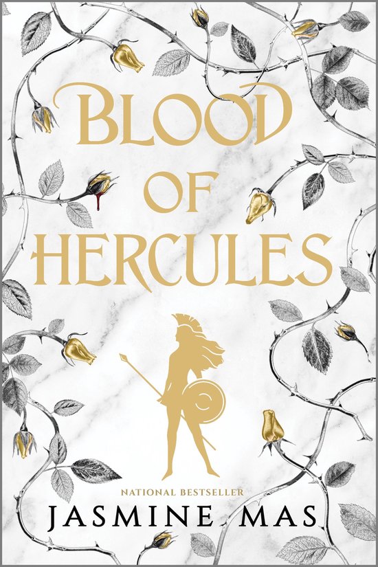 Boek 'Blood of Hercules' met gouden tekst, een gouden silhouet van een krijger en gouden rozen op een marmeren achtergrond.