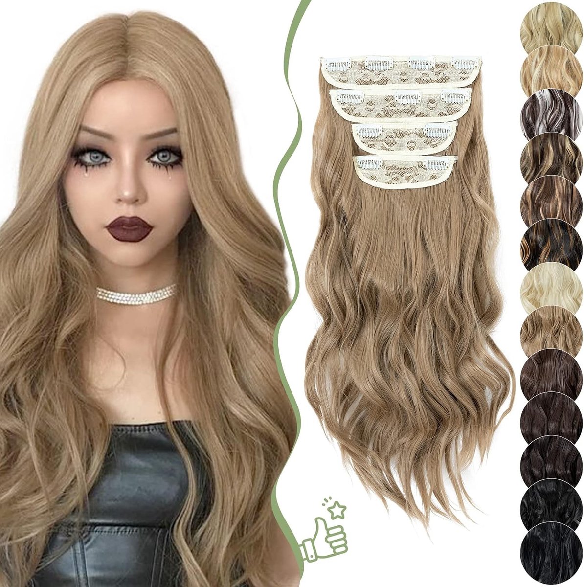 Kleurige Clip-In Haarextensions van Synthetisch Haar, Krullend en Golvend, 55 cm Lang, Zwart en Bruin Mix
