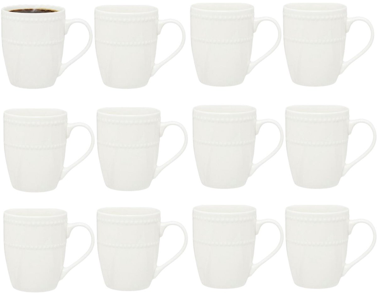 Secret de Gourmet koffie kopjes - Ivory - 12x stuks - wit - 350 ml - mokken - porselein - met stijlvol decoratie motief