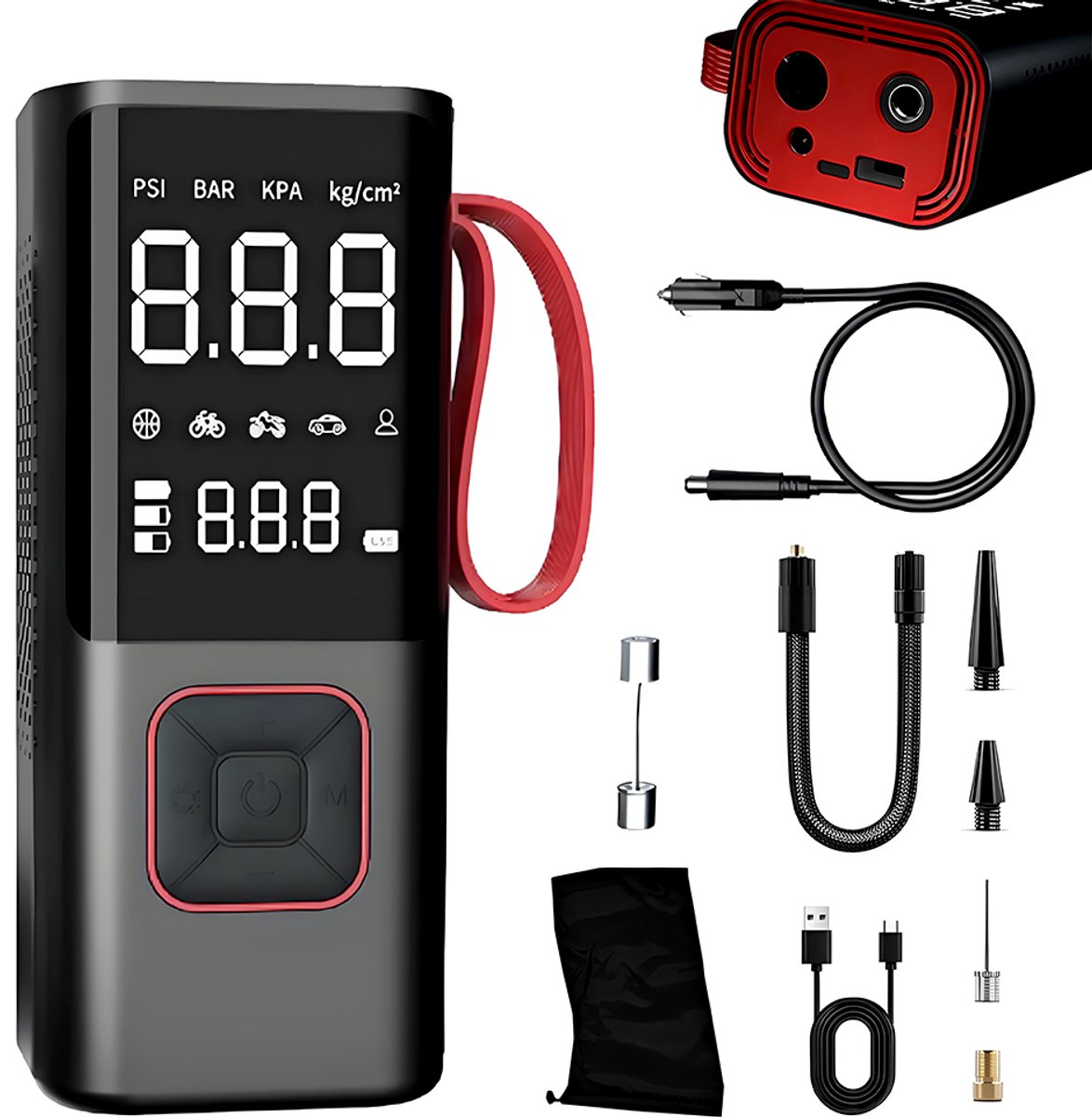 Fietsluchtpomp - 12V autoluchtpomp - Draagbare elektrische luchtpomp - Oplaadbare powerbank - Buitenluchtpomp - Dubbele voeding - 2000*3mAh - ABS - 150 PSI - Zwart