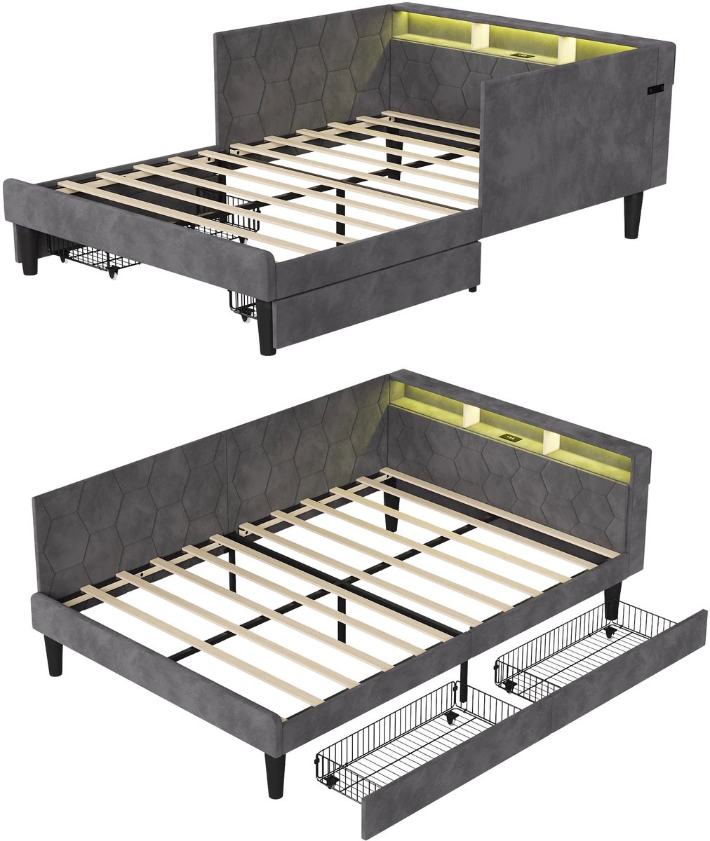 Slaapbank 90 X 200 Cm Grijs - met LED Verlichting, Opbergruimte, Fluwelen Bekleding - voor Kinderkamer