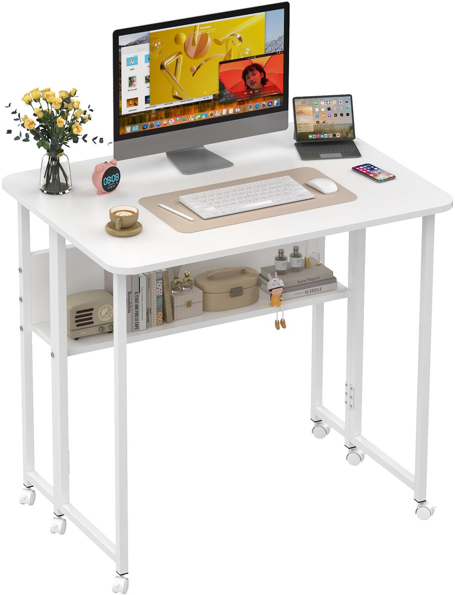 PIPIPOXER Bureau - Opklapbaar bureau - Werktafel in Rustieke Houtlook - computerbureau op wielen - opklapbare tafels voor thuiskantoor, slaapkamer, woonkamer - met opbergvak - 80 x 58 x 75 cm-Wit