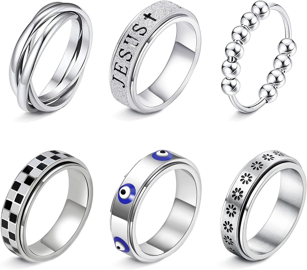 Ringen, set van 6 stuks, van roestvrij staal, spinner-ring, anti-angst en stressverlichtend, ontwerp met maantjes, sterretjes en CZ (kubische zirkonia), voor dames en heren