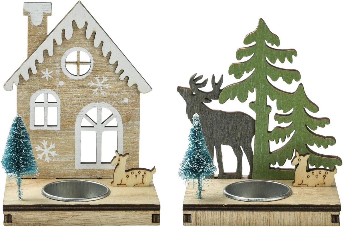 2 Stijlen Handcraft Houten Kandelaars Kerst Houten Kaars Stand Huis Santa Elk Herten Hout Kandelaar Houder voor Xmas Tafel Decoratie