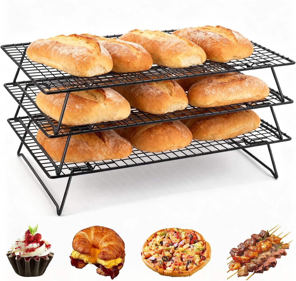Afkoelrooster, stapelbaar, groot (42,5 x 27,7 cm), 3 verdiepingen, inklapbaar taartrooster, ruimtebesparend, inklapbaar, taartrooster, afkoelrooster voor cake, barbecue, koekjes, koekjes en
