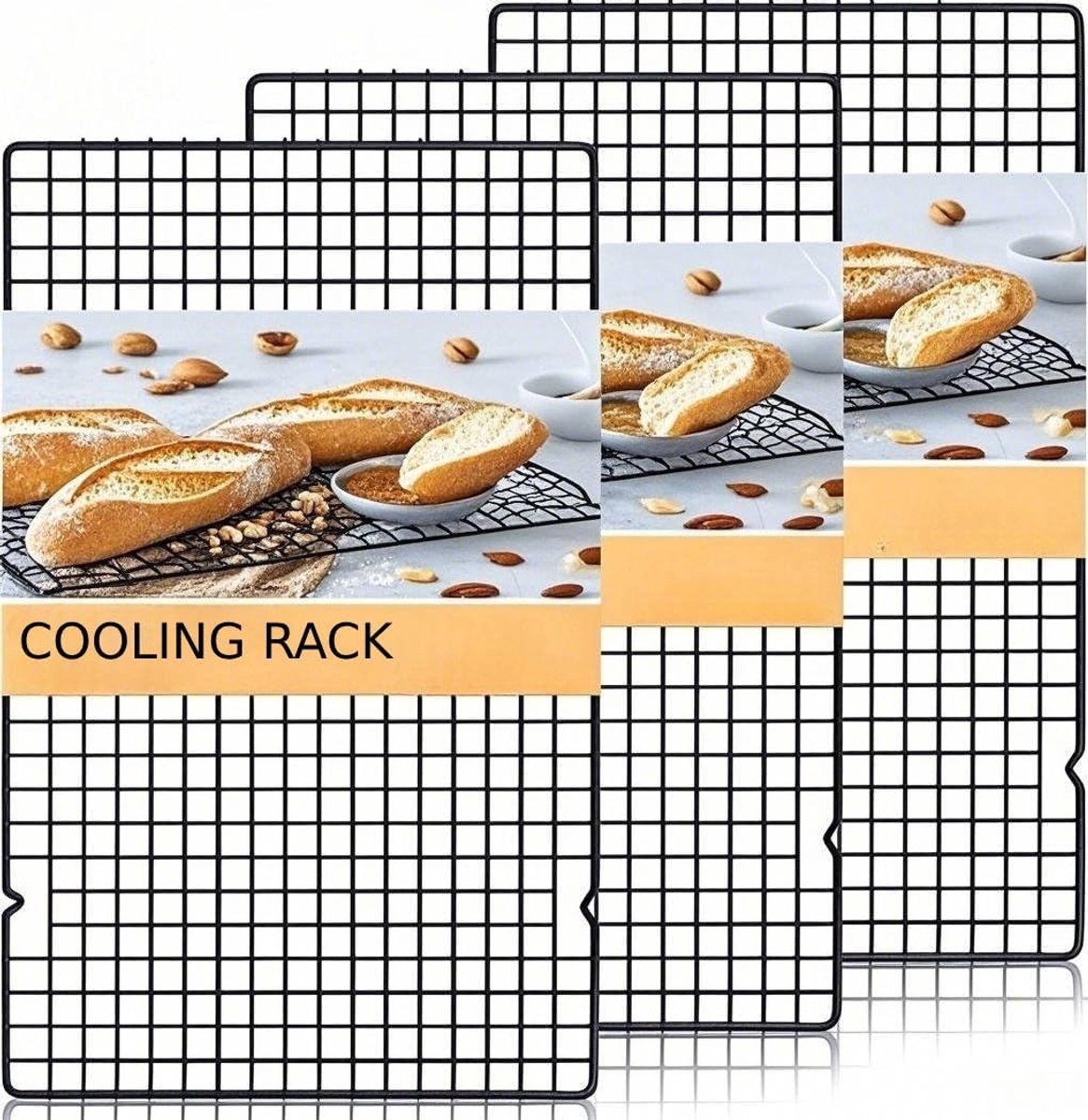 3-delige set, 40,5 cm x 25,5 cm, roestvrij staal, zwart, herbruikbaar taartrooster voor bakken, grillen en drogen, gezond en robuust, vaatwasmachinebestendig