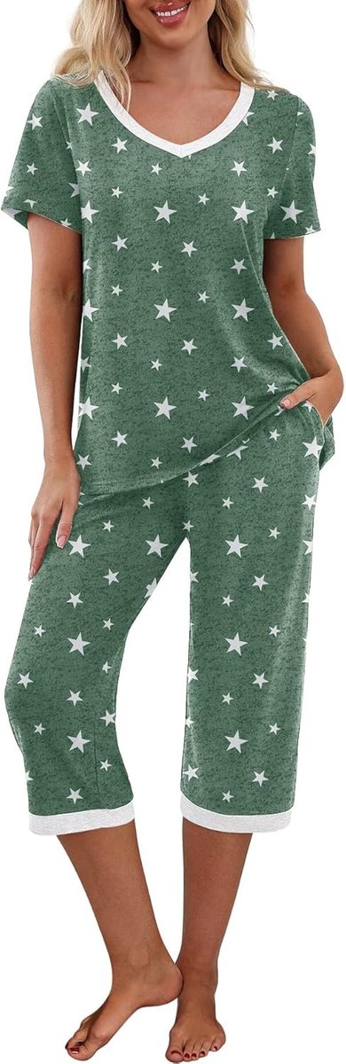 Pyjamaset voor dames, shirt met korte mouwen en driekwartbroek, nachtkleding, pyjamaset met zakken