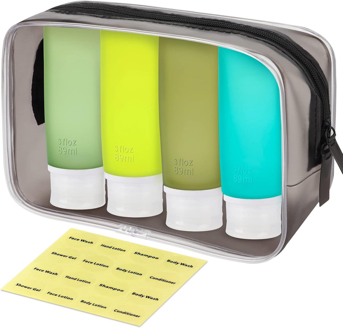 Reisflessen voor toiletartikelen, 90 ml reiscontainers voor toiletartikelen, lekvrije BPA-vrije CAA goedgekeurde knijpbare siliconen buisjes reisaccessoires met etiketten groen
