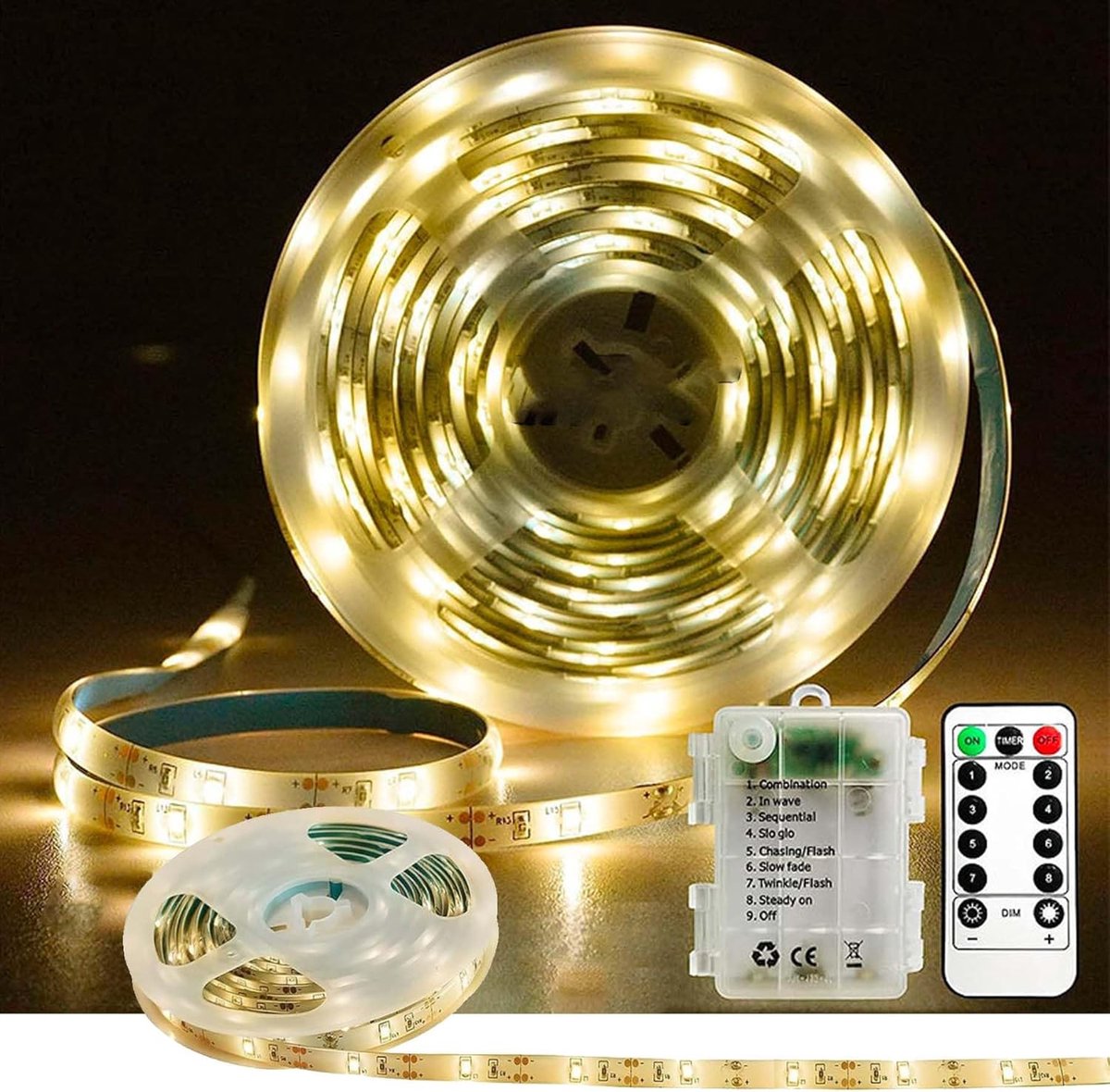 Ledstrip, 5 m, 150 leds, zelfklevend, werkt op batterijen, 8 modi, werkt op batterijen, led-lichtstrip op batterijen met timer, dimbare ledstrip met afstandsbediening