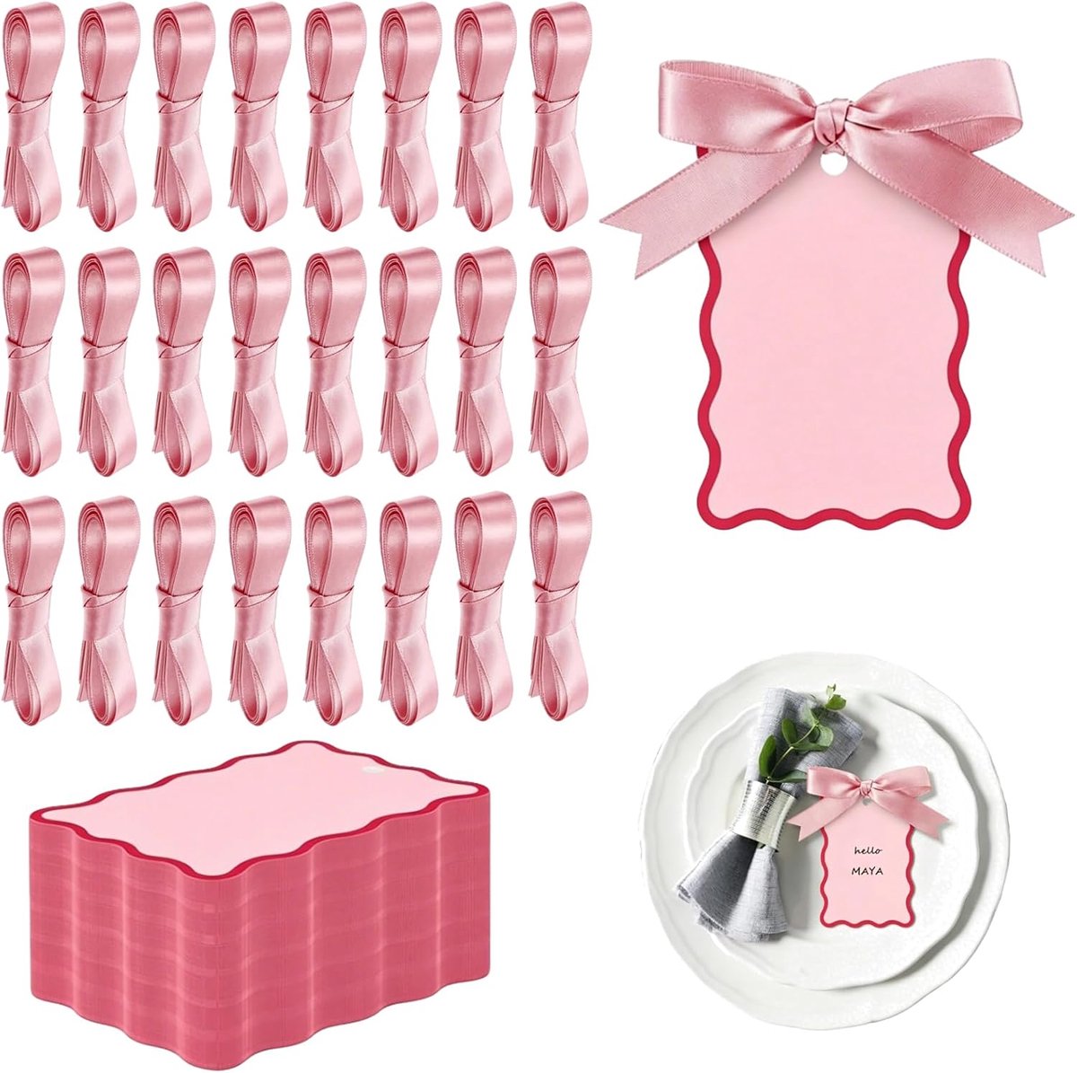 Plaatskaartjes met lint, blanco naamkaartjes voor bruiloft, diner, feestje en tafeldecoratie, hangende cadeaulabels met satijnen lint