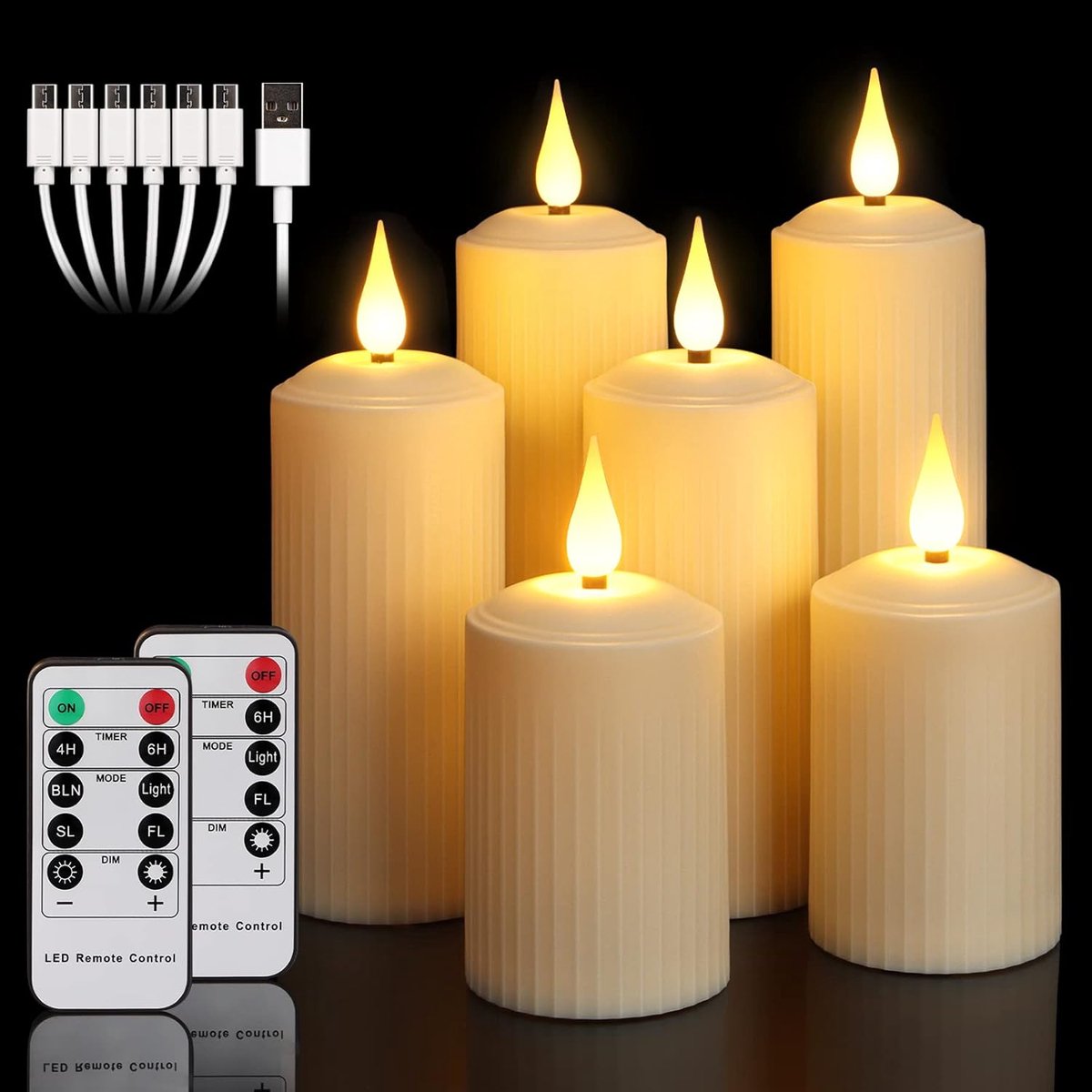 yunsheng Oplaadbare LED-kaarsen met afstandsbediening met 10 knoppen, vlamloos, waterdicht voor buiten, set van 6 Romeinse kaarsen (5,1x10,5/14/16,5cm), Ivoor, Type-C
