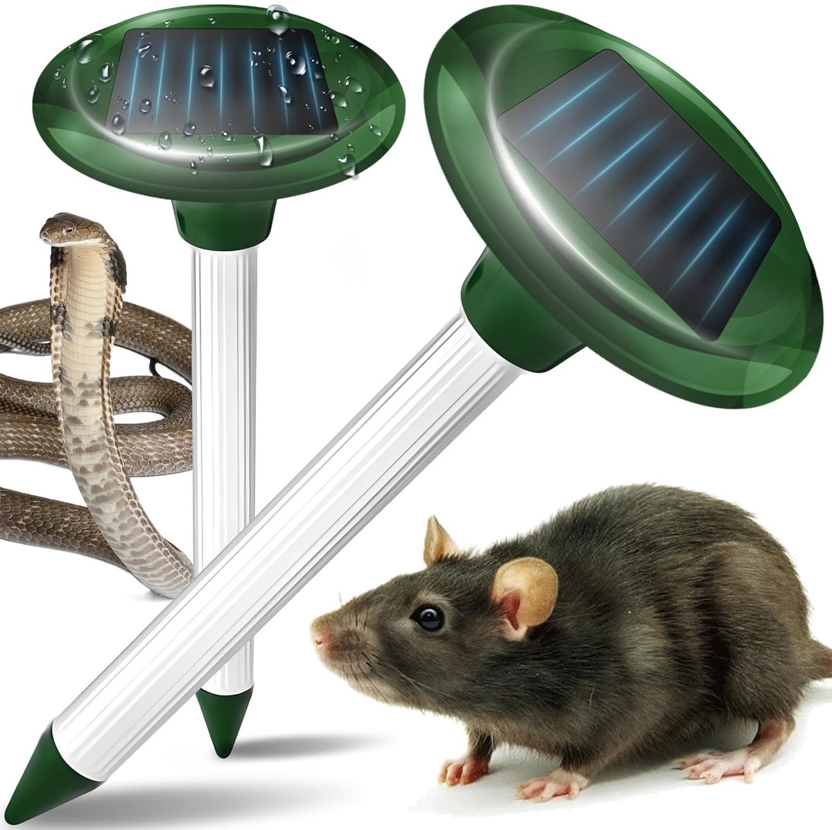 Mollenverjager op zonne-energie, waterdicht, 2 stuks, voor in de tuin, ultrasone mollenverjager en mollen, dierenverjager, woelmuizenverjager met trillingen, woelmuizenverschrikker, muisverjager