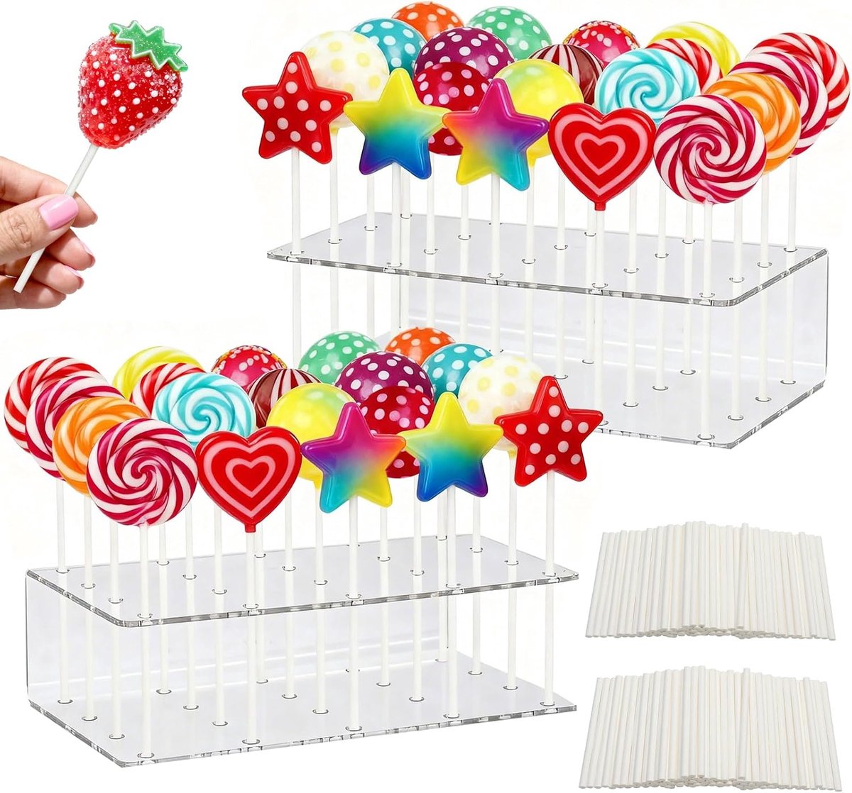 2 stuks taart-pop-houders, standaard met 100 cake-pop-stelen, 20 gaten, acryl, helder, lollenhouder, transparante acryl lollipop-houder voor dessert, tafel, bruiloft, Halloween, feestdecoratie
