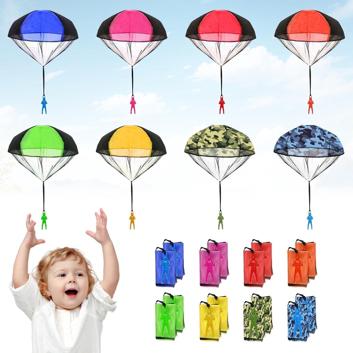 Set van 16 Parachute Speelgoed voor Kinderen - Leger Mannen Spel, Buiten Activiteiten en Parachute Spel voor Volwassenen in 8 Kleuren