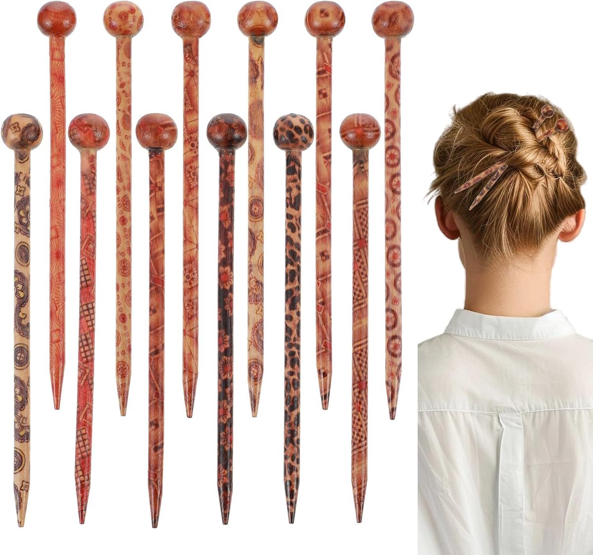 12 stuks houten haarstokken, boho vintage Japanse Chinese haarspeld decoratieve Hanfu Pins Bun Houders Haar Eetstokjes voor Vrouwen Meisjes Chignon Bun Updo Kapsel Accessoires