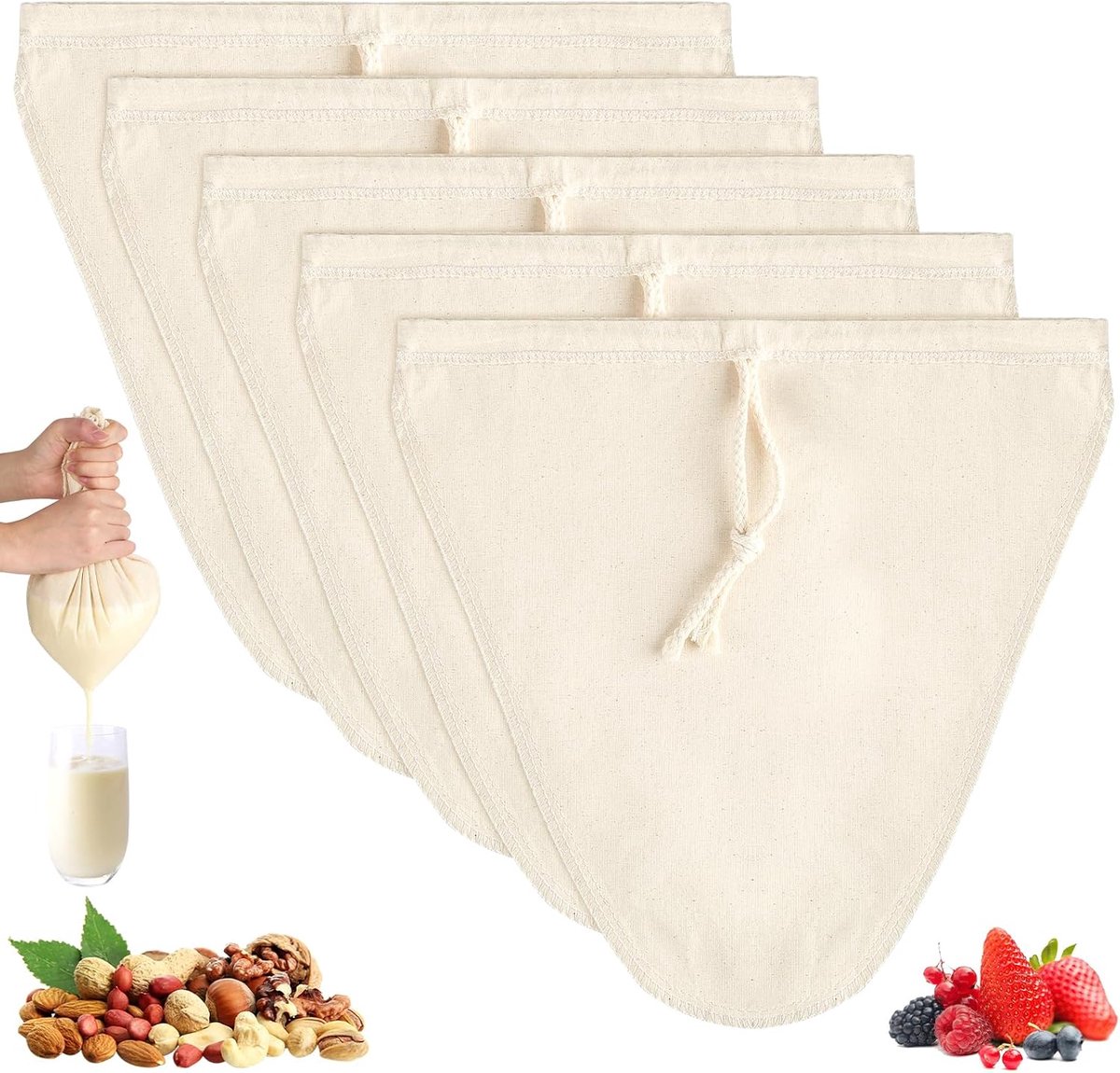5 stuks notenmelkzakken van natuurlijke hennep, zeefdoek, herbruikbare filterzak (30 x 30 cm), biologisch wasbare filterzak met trekkoord voor notenmelk, zelfgemaakte kaas, vruchtensap, koffie