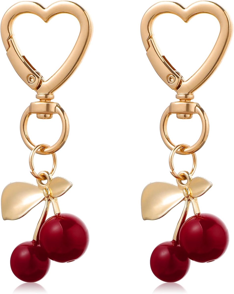 2 stuks kristallen kersen sleutelhangers, esthetische fruitsleutelhanger, hart-sleutelring, modieuze sleutelhanger, tashanger voor portemonnee, rugzak, auto, goud, rood, Eén maat