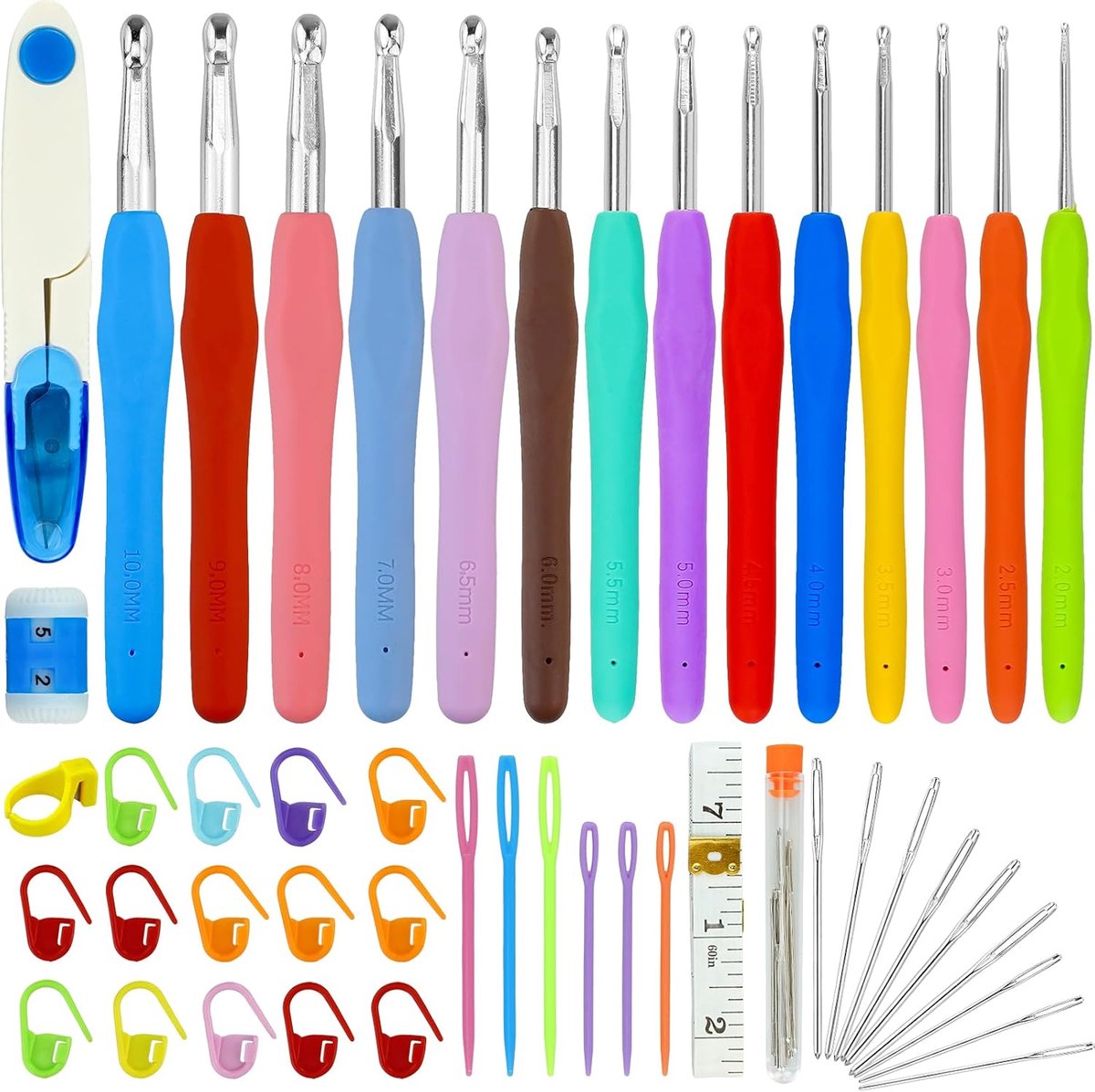 Haaknaaldenset, 14 stuks breinaalden met ergonomische rubberen handgrepen met zachte grip, meerkleurig, aluminium haken, breiset voor beginners (2 tot 10 mm)