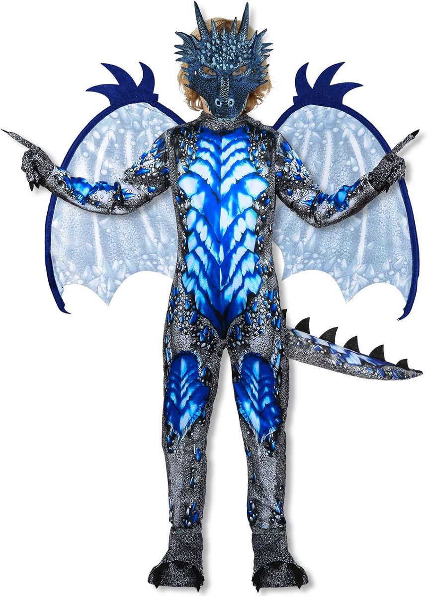 Drakenkostuum voor kinderen, jongens drakenjumpsuits met staartvleugelmasker en handschoenen voor 3-12 jaar voor Halloween, carnaval, wereld, boekendag, aankleden, cosplay