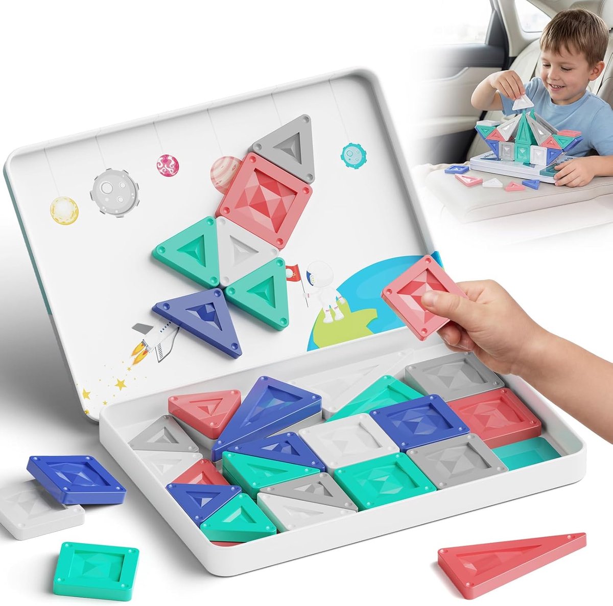 Bouwstenen, reisspeelgoed vanaf 3 jaar, 40 stuks, Montessori magnetische bouwstenen, educatief speelgoed met draagbare tinbox en geïntegreerde speelplaat, STEM-bouwstenen voor auto