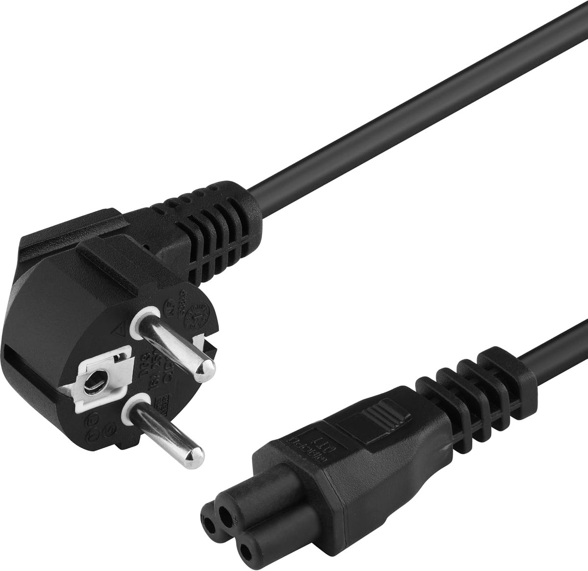Netsnoer Mickey Mouse 230 V 1 m, stroomkabel met geaard contact gehoekt op koelapparaataansluiting IEC 320 C5, pc-netsnoer 3-polig, kleur zwart