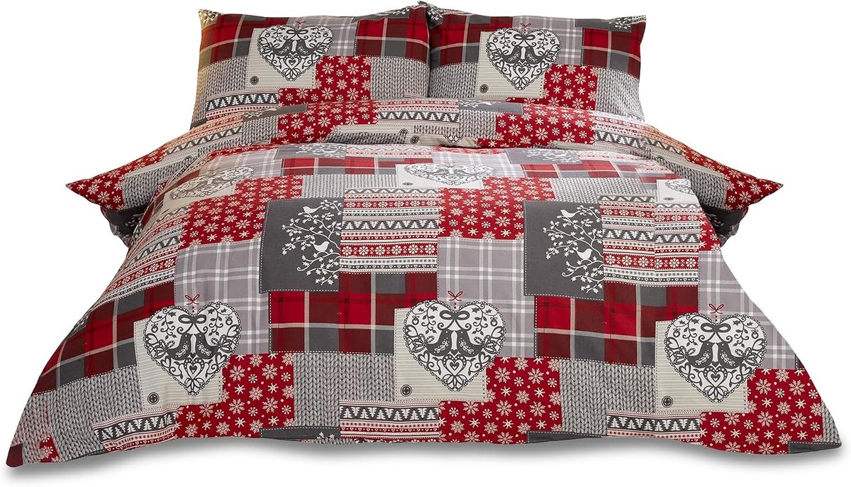 SnelShoppen - Dekbedovertrek Set King Size 100% Geborsteld Katoen Flanel met Hartjes Design in Rood/Multi, Inclusief 2 Kussenslopen, Feestelijk Bedden