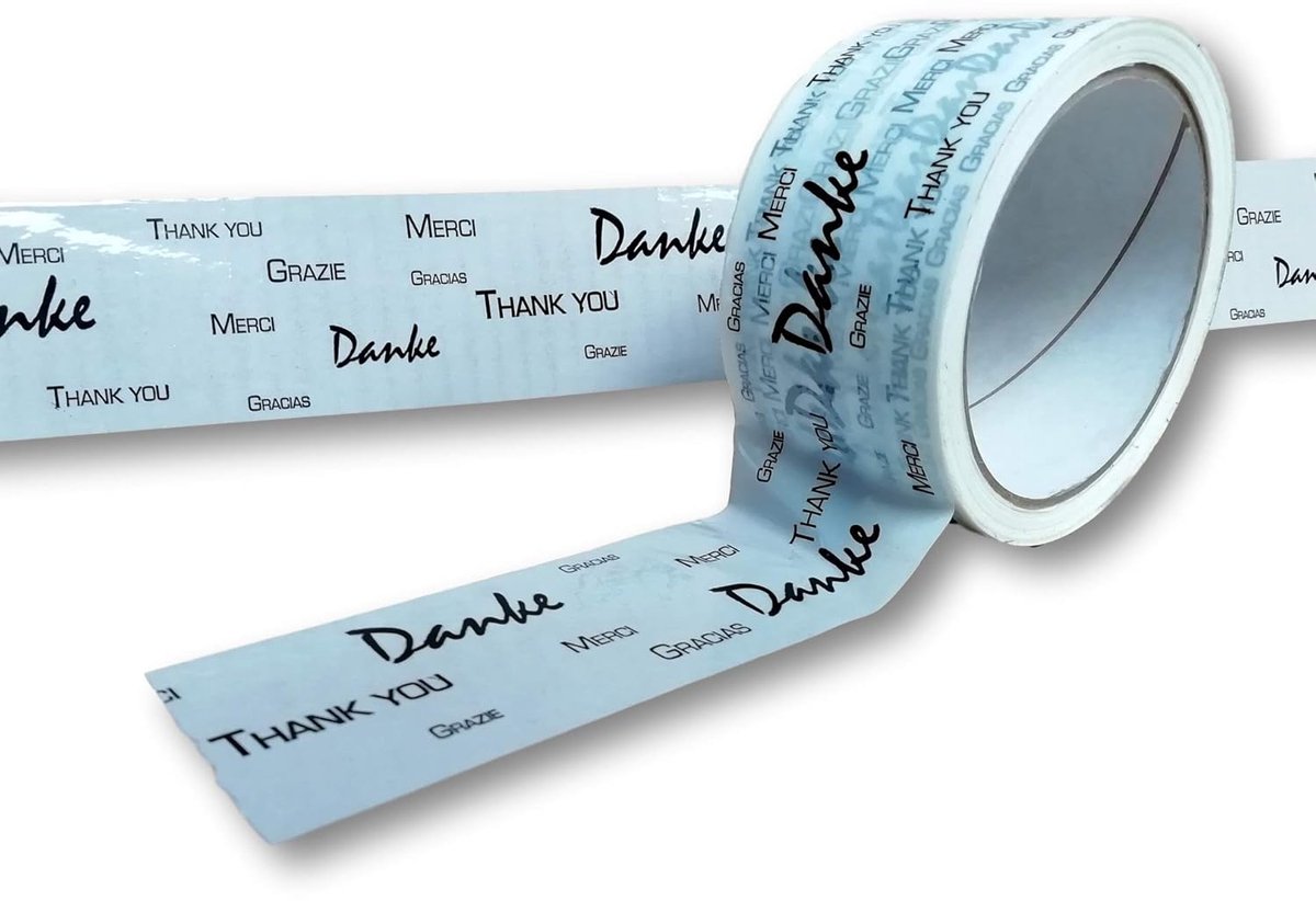 Danke plakband wit 6 rollen - plakband met patroon opschrift 5 talen - verpakkingstape, verpakkingstape voor bedrijven | 5 talen: verpakkingstape, verpakkingstape, verpakkingstape voor bedrijven