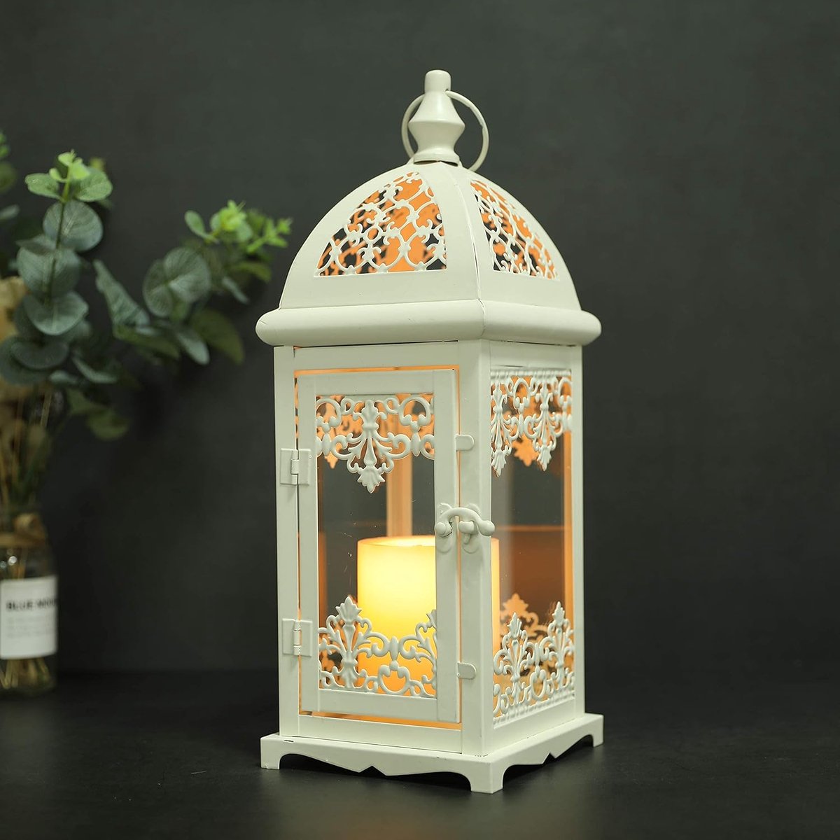 Candle lantern 38cm - vintage stijl - crème met metalen frame - sfeervolle decoratie voor binnen en buiten - ShopVlot