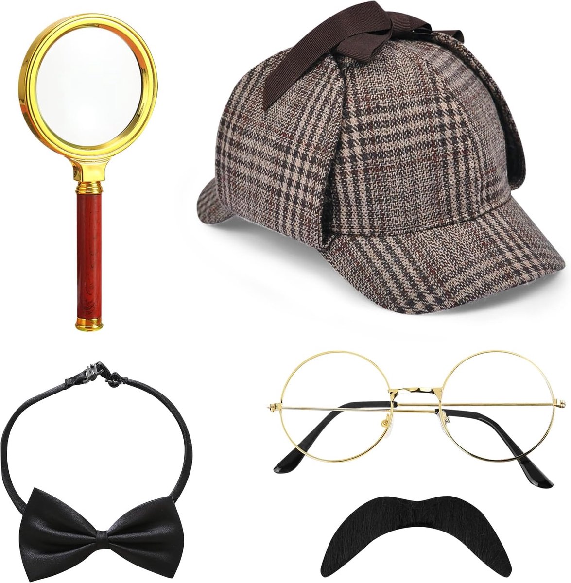 kostuum, accessoireset, Sherlock Holmes kostuum accessoires met detective hoed, bril, valse snor vergrootglas, vlinderdas, detective cosplay rekwisieten voor carnaval, cosplay, party, 5