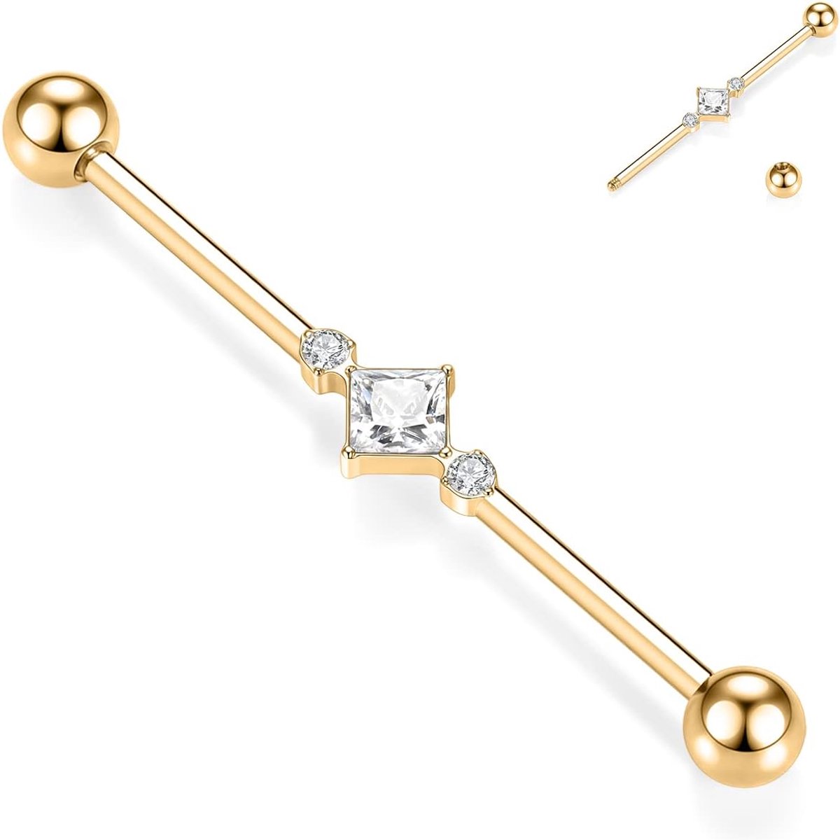 hengkaixuan Industrieel piercing-sieraad van chirurgisch staal, barbell, 38 mm lang, 14 gauge, kraakbeen-oorsieraad, helix-piercing, bezet met zirkonia, uniseks, Metaal