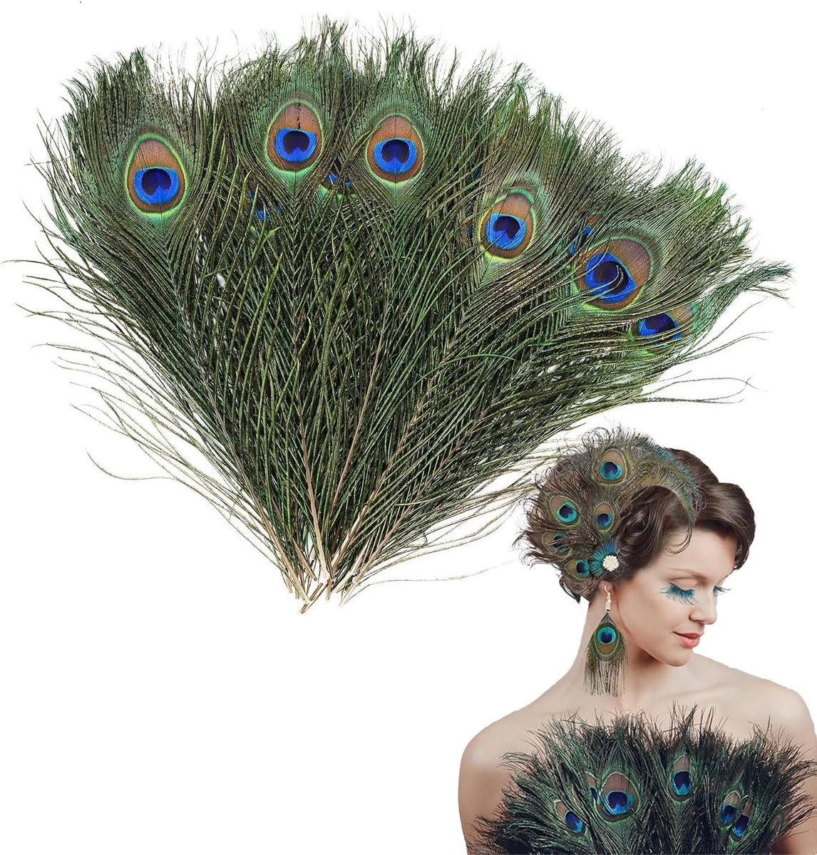 Veren, pauwenveren met lange staart, 25-30 cm, mooie oogveren voor hoeden, doe-het-zelf handwerk, hoofddecoraties, pauwendecoratie