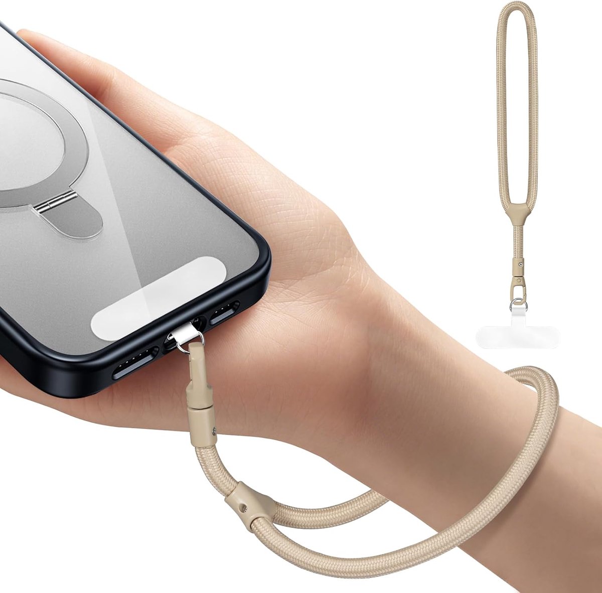 Handy-Handschlaufe, universeel verstelbare handschoenkoord voor de meeste smartphones, multifunctionele patch-koord met telefoonhouder van roestvrij staal, Kameel