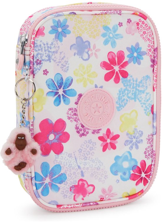 Wit etui met een print van kleurrijke bloemen en vlinders. Roze rits en een roze aapjes sleutelhanger.