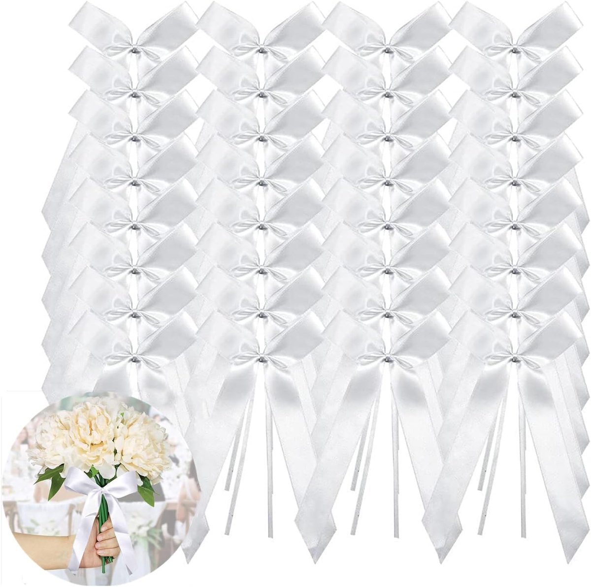 Satijnen autodecoratie, 100 stuks bruiloftsdecoratie, strikken voor bruiloftsdecoratie, lint voor auto, bruiloft, decoratieve linten, strikken, bruiloft, auto, wit