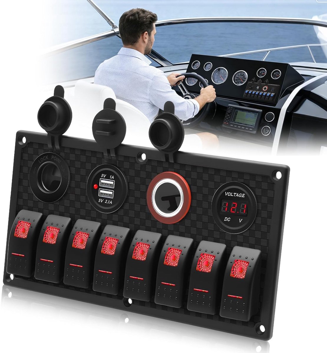 8 Bende Rocker Schakelpaneel, 4 in 1 Multi-Functies Schakelaar Schakelpaneel voor Auto Boot Marine RV Vrachtwagen Camper Voertuigen Rood