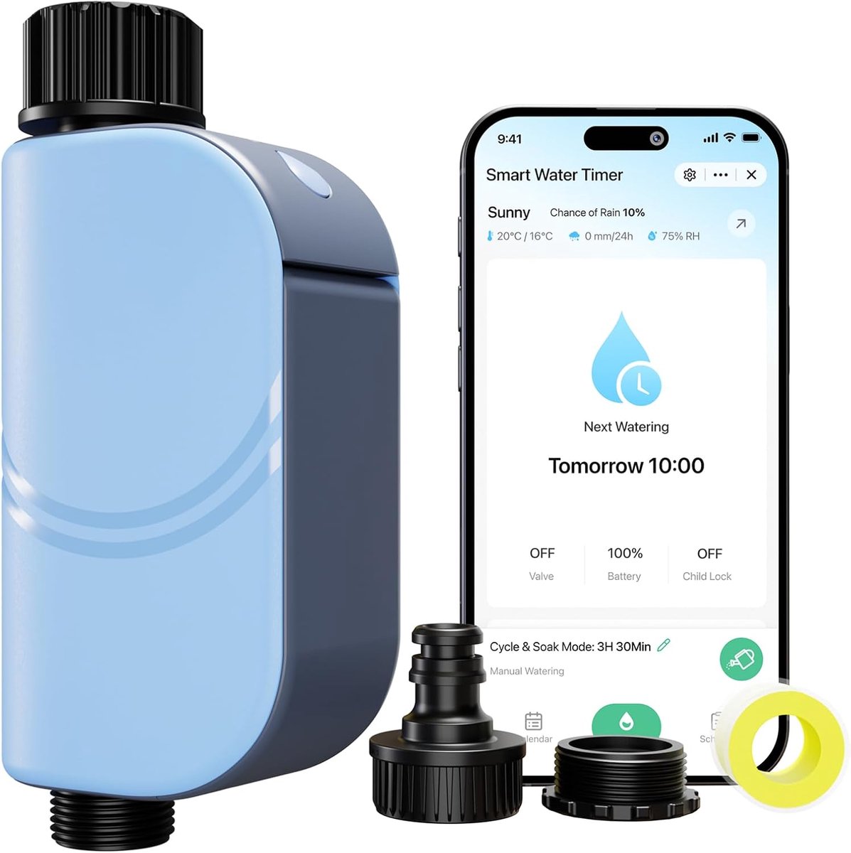 WLAN: WiFi Direct, IP65 stof- en waterdicht, 4 batterijen, meerdere irrigatiemodi met timer of dosering, irrigatielog, voor tuin, gazon, balkon