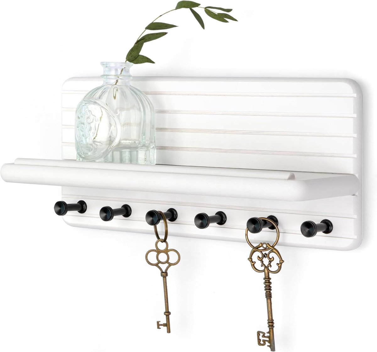 Vision Decoratieve sleutelhouder wandhouder voor thuisorganisatie - 11 inch grenen houten sleutelhouder voor muur met 6 haken en zwevende plank - moderne boerderij woondecoratie (wit)