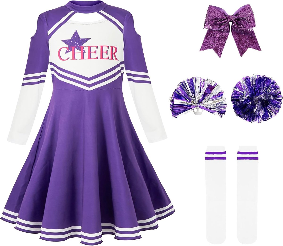 Cheerleader-kostuum voor kinderen, meisjes, cheerleader-uniform, jurk met pompons, sokken en hoofdsieraad, cheerleading, carnavalskostuum, 5-13 jaar