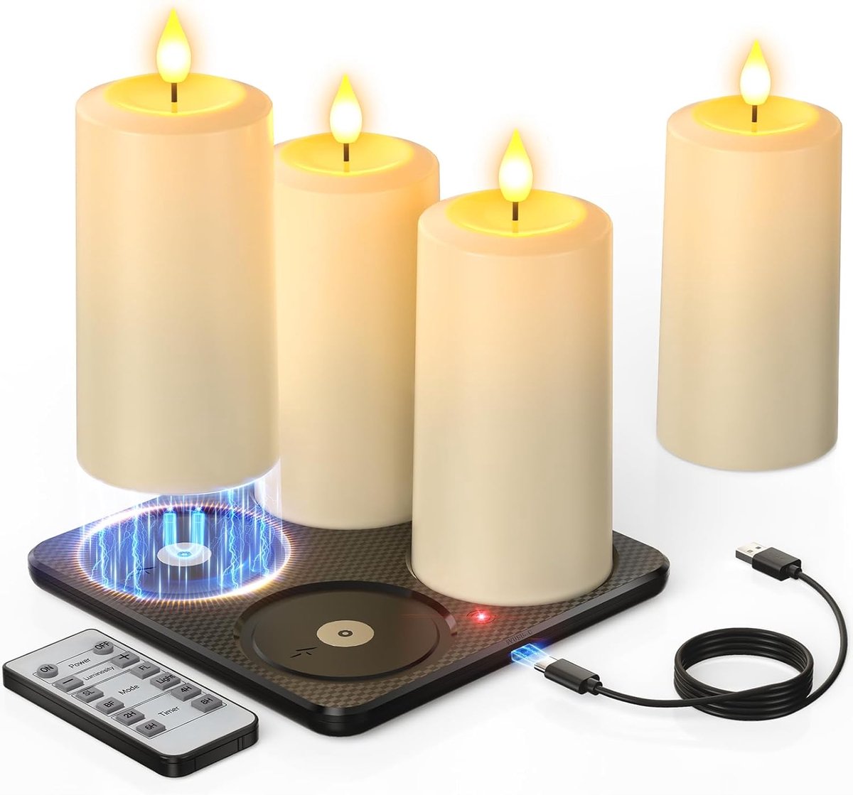 Oplaadbare ledkaarsen, set van 4 met timer, oplaadbare led-stompkaarsen met magnetisch laadstation, afstandsbediening, flikkerend en waterdicht (IP54), voor binnen en buiten, thuis, kamer