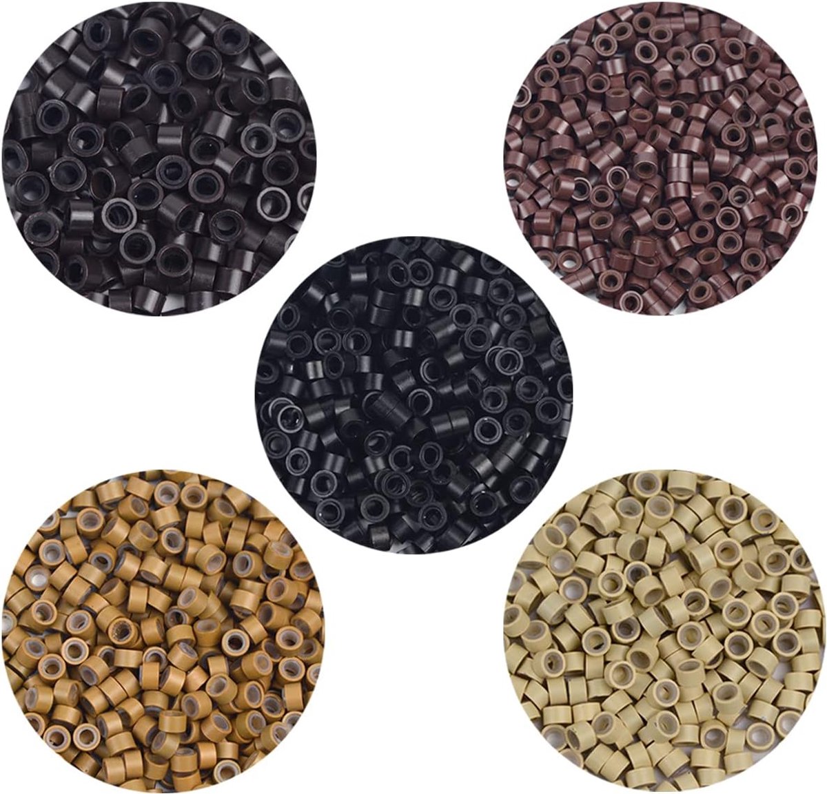 2500 stuks, 5,0 mm, micro-ringen, bekleed met siliconen, banden, kralen voor het lijmen van haarverlengingen (zwart + donkerbruin + bruin + donkerblond + blond)