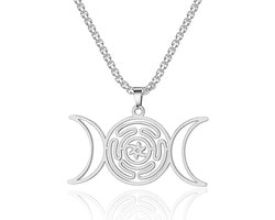 Ketting Triple Moon Godin Hanger Wiel van Hecate Ketting Roestvrij Staal Hekserij Godin Symbool Magic Wicca Heidense Sieraden Geschenken voor Mannen Vrouwen
