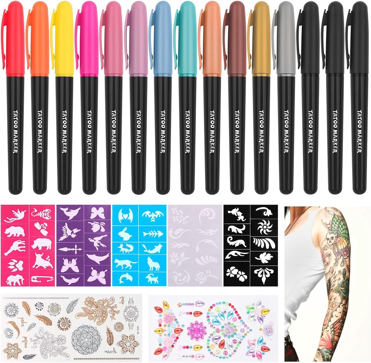 stiften voor kinderen, 15 stuks tattoostiften voor de huid, glittertattooset met 50 tatoeages, huidvriendelijke stickers, sjablonen, tattoopen voor jongens en meisjes, carnaval, Halloween