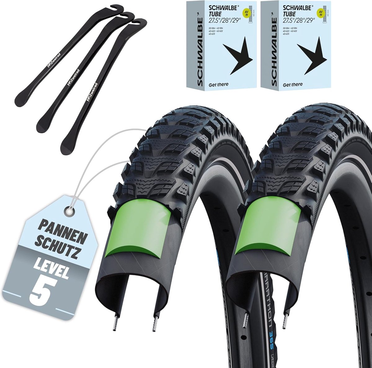 SnelShoppen - Set van 2 Fietsbanden 28 Inch Marathon 365 met Slangen en Bandenlichters - Reflecterende Strip, Diverse ETRTO Maten voor Stadsfiets en T