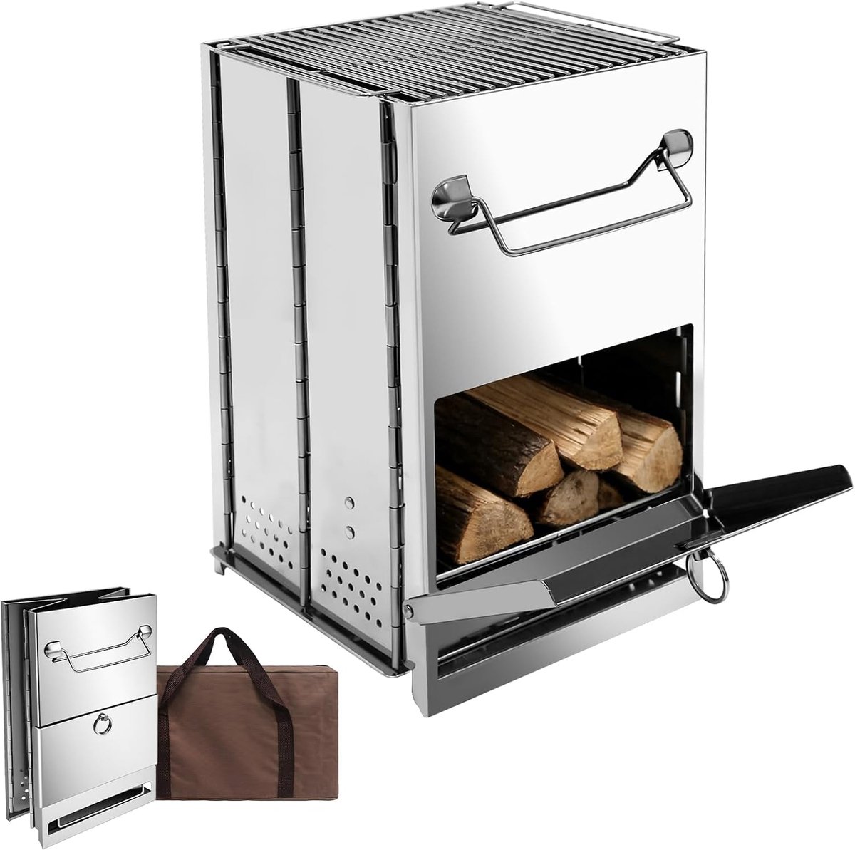 campinghoutoven van roestvrij staal | Campinggrill, draagbaar, inklapbaar, met draagtas, opvouwbare BBQ vuurkorf, voor outdoor, reizen, wandelen, picknick