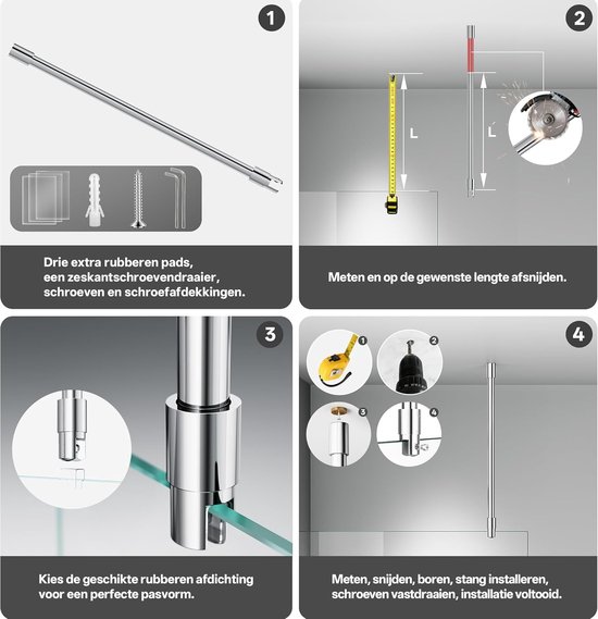 stabilisatiestang 564 mm, chroom - 304 roestvrij staal, plafond-glas montage, geschikt voor glas van 6-10 mm — afbeelding 4